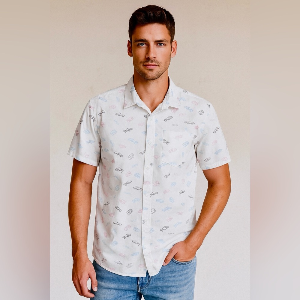 Cuidado con el Perro Men’s White Button-Up Shirt Cheese Money Print Size Large